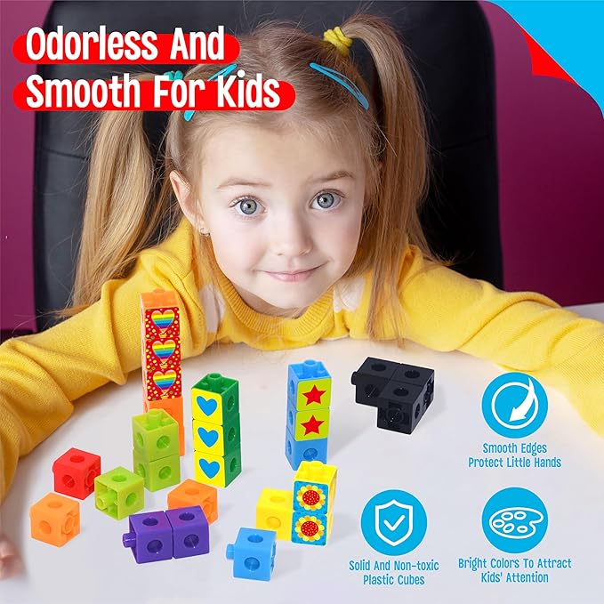 100 Math Linking Cubes, Math Cubes with 320 Reusable Stickers Manipulative Geometric Shapes Connecting and Counting Snap Blocks for Early Math & Construction, Educational Toy for Preschool, Homeschool