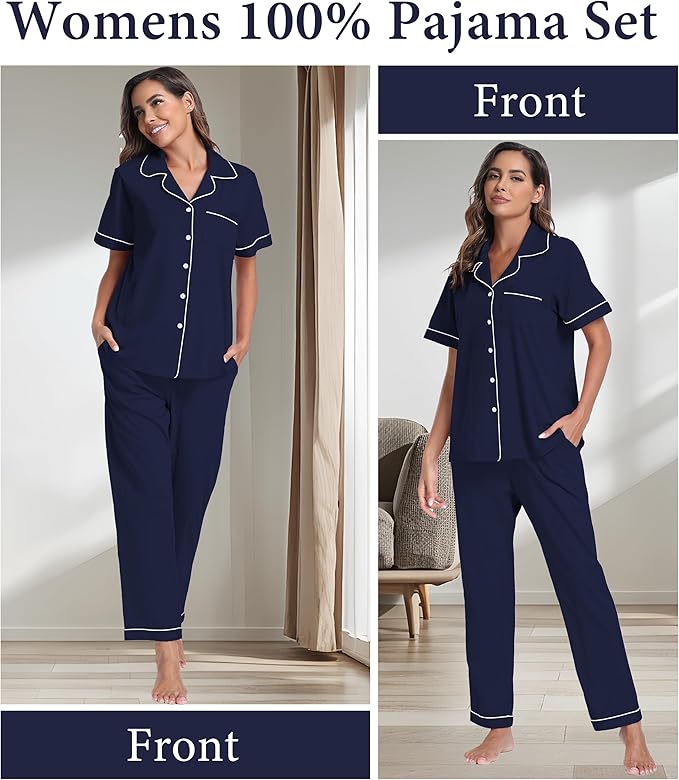 CF Womens 100% Cotton Pajamas Set Button Down Pjs Sets Short Sleeve Top & Long Pants Sleepwear Comfy Loungewear with Pockets