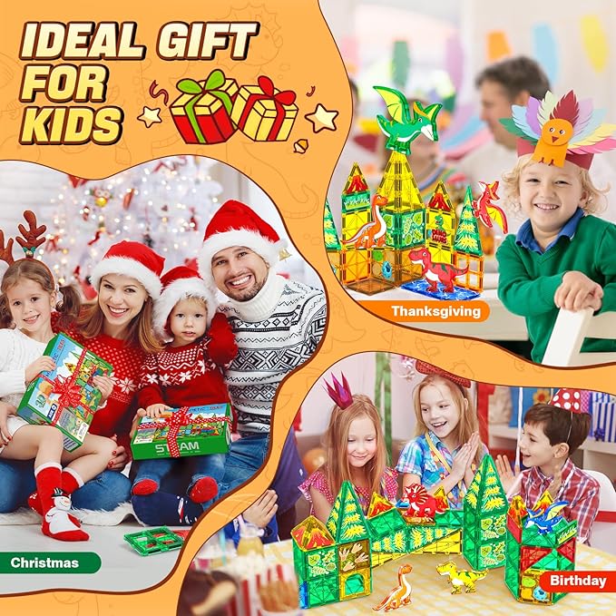 Magnetic Tiles Dinosaur Toys for Kids 3-5 4-8 Magnet Building Blocks Toddler Toy - Dino World Magnetic Toys STEM Creative Games Christmas Birthday Gifts for 3＋ Years Old Boys Girls
