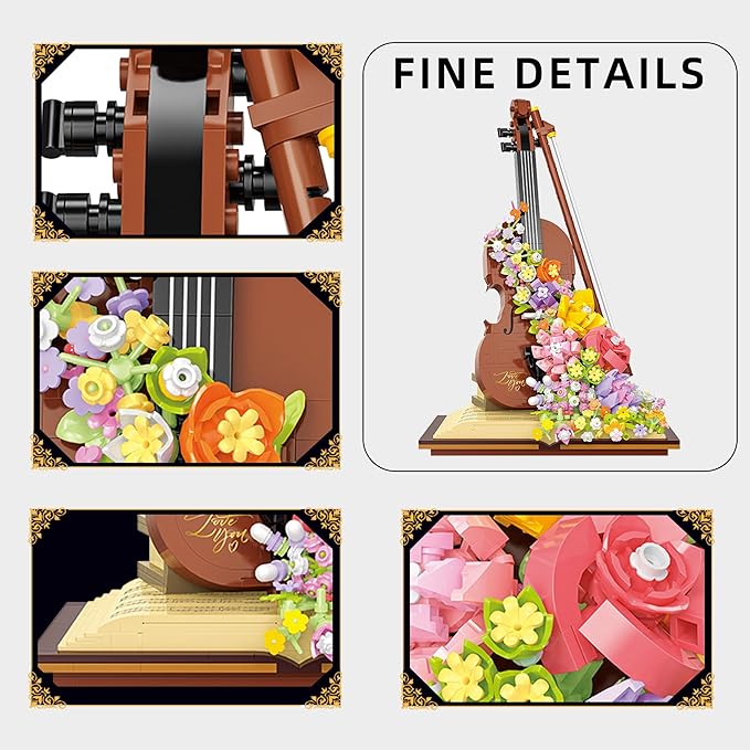 Mini Violin Building Blocks Sets Flower - 950+PCS Musical Instrument Micro Building Bricks Kit Floral - Creative Ideals, Collectible Architecture Decoration, Birthday Gift(Violin Flower)