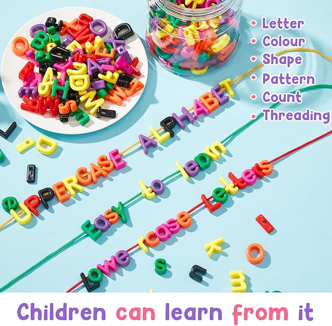 Wesiti 408 Pcs Lacing Letters Alphabet Learning Toys Toddler ABC Alphabet Beads Lacing Sports Skills Toys for Preschool Games Homeschool Supplies Early Spelling (Lowercase Uppercase Letters)