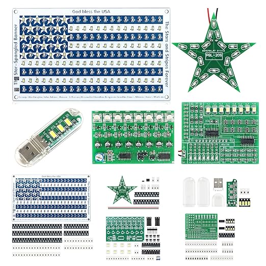 5in1 DIY Soldering practice Kit! Includes Small USA Flag, Star LED, USB Night Light, 15Way Flow & Drip Lights. SMD/SMT projects, ideal for beginners.This exercise kit can unleash your creativity
