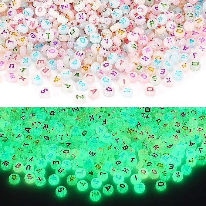 1900pcs Letter Beads, DECYOOL Glow in The Dark Letter Beads, Acrylic Alphabet Beads, with 1 Roll Elastic String for Bracelet Necklace Jewelry Making Supplie