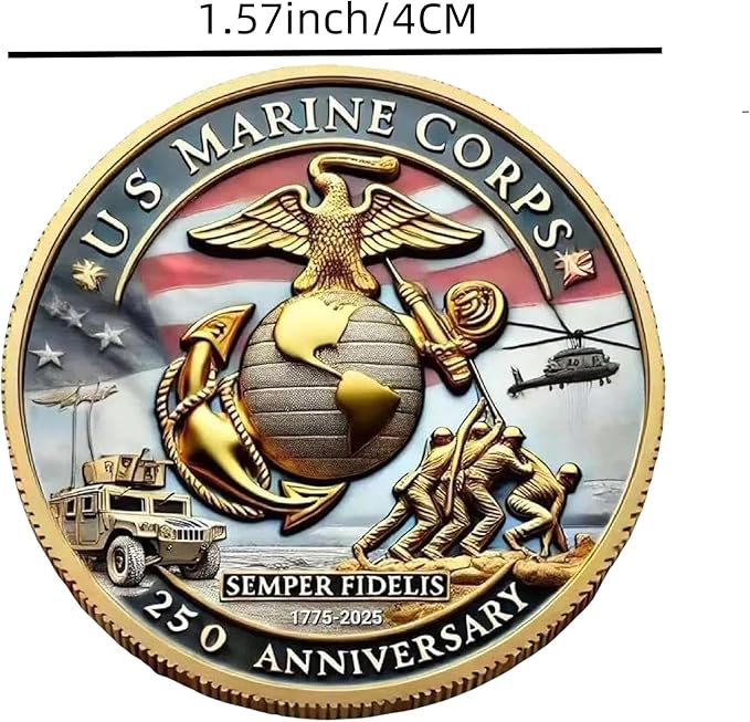 USMC 250th Anniversary Challenge Coin – 1.57" Double-Sided Gold-Plated Marine Corps Commemorative Coin – Military Gift for Veterans, Collectors, and Service Members(3pcs)