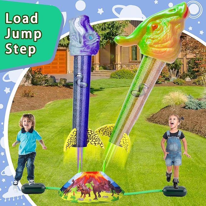 Dinosaur Rocket Launcher for Kids - Launch Up to 100 Ft, 8 Rockets and 2 Pads for Multi-Player, Dinosaur Toys, Birthday Gift Ideas, for 3 4 5 6 7 Year Old Boys, Outdoor Outside