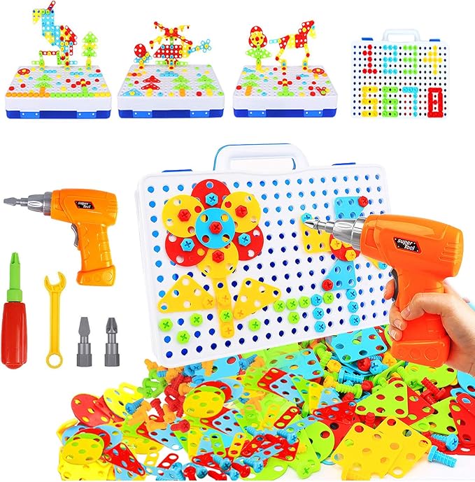 STEM Design and Drill Toy for Kids Ages 3-8, 193 Pcs Electric Drill Toy,Creative Building Toys,Magic Montessori Play Toolbox for Toddler Boys Girls Preschool,STEM Toys for 3 4 5 6 7 8 Year old