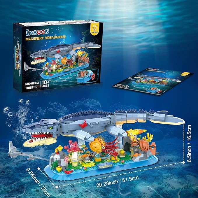 Mosasaurus Building Set with LED Light, 1219 PCS Movable Ocean Animal Building Block Toy with Nautiluses Jellyfish Squid Coral Reef, Ancient Reptile Home Decor Gift for Adults Teens Boys 12+