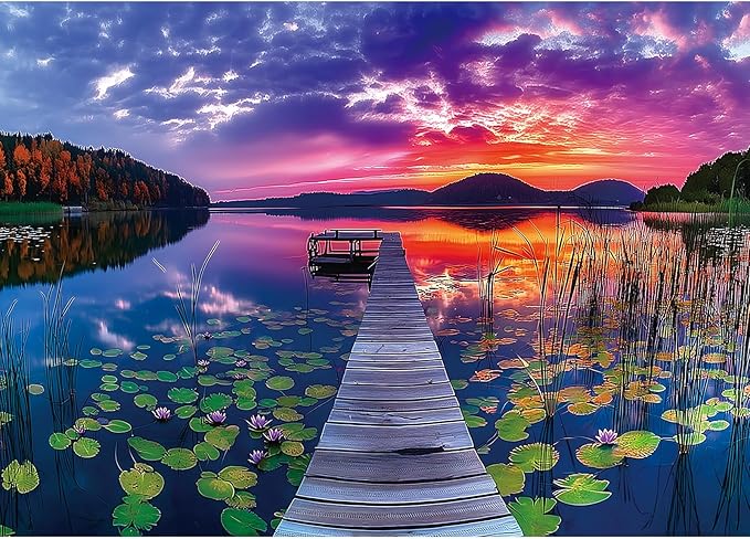Sunset Lake Dock 1000 Piece Jigsaw Puzzle for Adults Beautiful Wooden Bridge Landscape with Mountains Natural Scenery Vibrant Sky Lily Pads Challenging uzzle for Game Night & Home Decor (27" x 20")