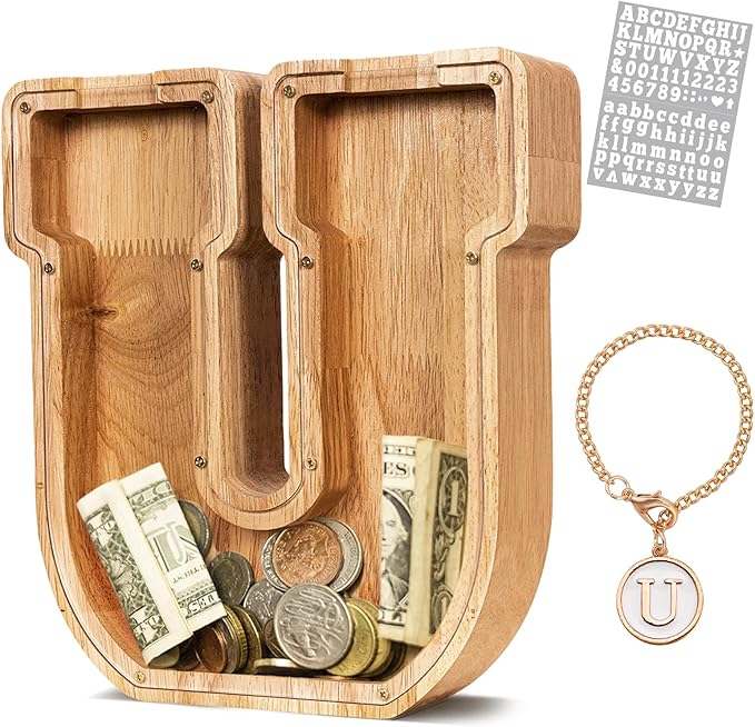 KMC Wooden Letter Piggy Bank, Personalized Initial Piggy Bank for Kids Boys, Clear Alphabet U Wood Money Box, Unbreakable Coin Saving Jar, Birthday, for Children