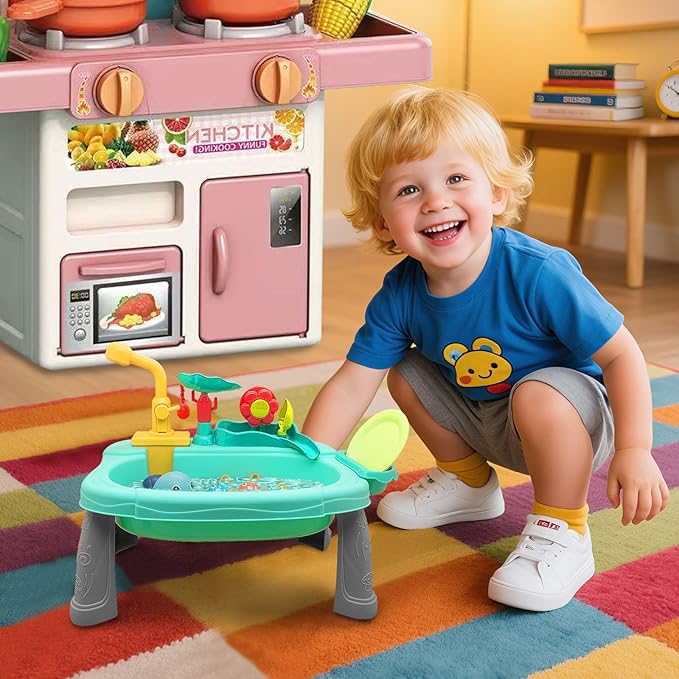 Kids Play Sink with Running Water, Mini Water Table, Water Toys, Upgraded Faucet and Play Dishes, Children Electric Dishwasher Playing Toy, Kitchen Sensory Toy Sets for Girls and Boys