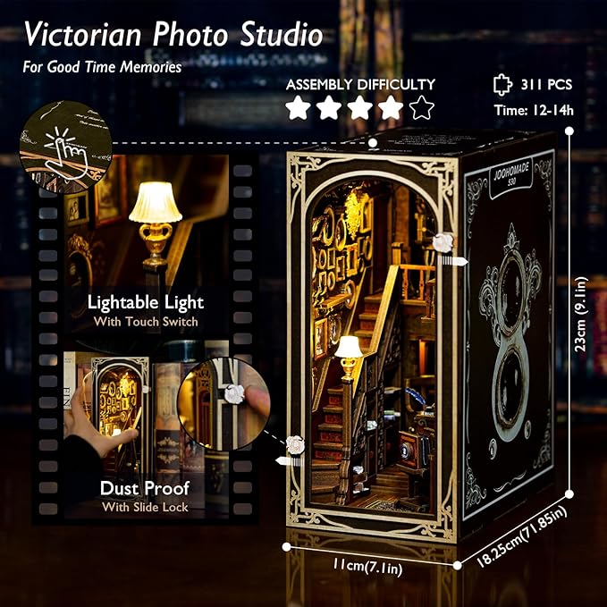 DIY Book Nook Kit, Dollhouse Miniature, Booknook Bookshelf Insert Alley 3D Wooden Puzzle, Bookends Model Building Kit with LED Light, Gift for Teens and Adults, Back to Memory