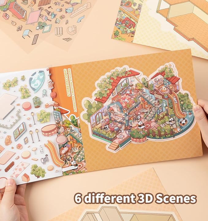 Sticker Book, 6 Sets DIY 3D House Stickers, Fun DIY Stickers Scene Make Your Own Mini House Cute Cartoon Animal Scene Sticker for Kids Adult Sticker Art Relief Stress Pass The Time