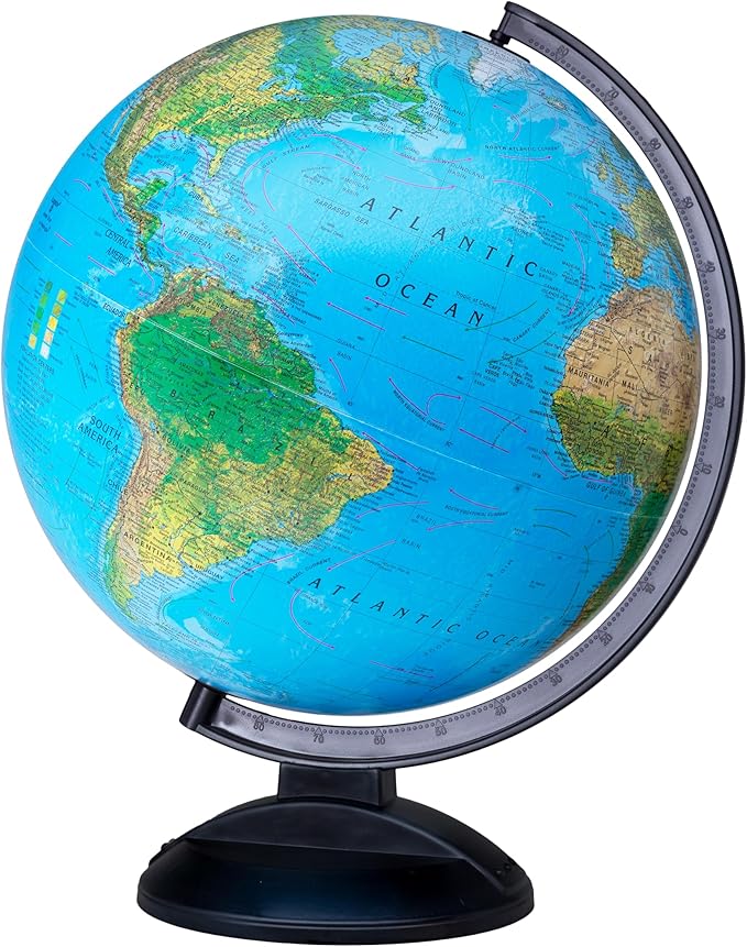 Replogle Ready to Assemble World 12" Diameter Globe, USA Cartography, Modern Acrylic Stand and Blue Ocean. Easy to assemble globe that shows Political borders and provincial borders, major ocean currents, detailed lakes, rivers, tributaries and canals.