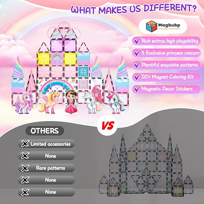 Diamond Magnetic Tiles Unicorns Princess Castle with Magnetic Art Decor Kit, Unicorn Toys for Girl 3 4-6-8, Magnet Tiles for kids 4-8 5 6 7+ Girl Gifts,Magnet Toys Include 5 Dolls,Rainbow,Candy,Decors