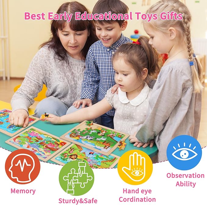 Wooden Puzzles for Kids Ages 4-6, 24 Piece Animal Dinosaur Marine Farm Jigsaw Puzzles 4 Packs, Preschool Toddlers Learning Activity Puzzles Toys for Boys Girls 3 4 5 6 Years Old