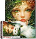 Fantasy Women and White Cat Puzzles for Adults 1000 Pieces Jigsaw Puzzle Green Hair Girl Puzzles Art Challenge Family Game, Kitten Adult Puzzle