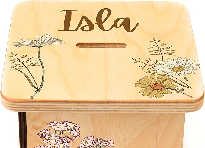 Wooden Piggy Bank for Kids and Adults, Personalized Gift Handmade in USA by BloomOwl, Custom Piggy Bank, Personalized Banks for Kids, Gifts for Baby Boys and Girls (Floral- Vintage)
