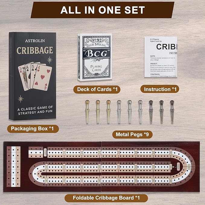 Cribbage Board Game Set, Premium Wooden Board with Magnetic Lock and Built-in Storage, Deck of Cards & 9 Metal Pegs, Fun 2–3 Player Travel Game for Adults and Family