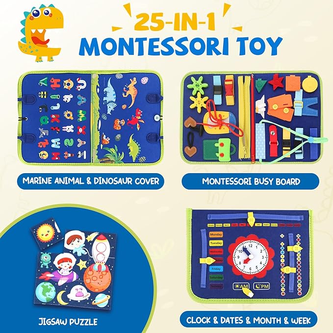 Toddler Busy Board, Montessori Sensory Toys for Boys, 1-4 Year Old Girl Toddler Travel Toys, Educational Learning Activities Board for Motor Skills, Birthday Gifts for Airplane Car, Blue Dinosaur