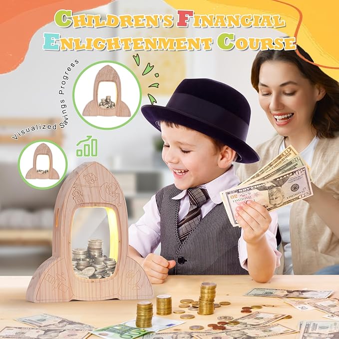Wooden Piggy Bank for Kids, DIY Night Light Personalized Money Bank for Boys, Girls, Unbreakable Saving Box with Paintbrush and 12 Paints, Coin Jar Gifts for Kids Birthday Decor (Rocket)