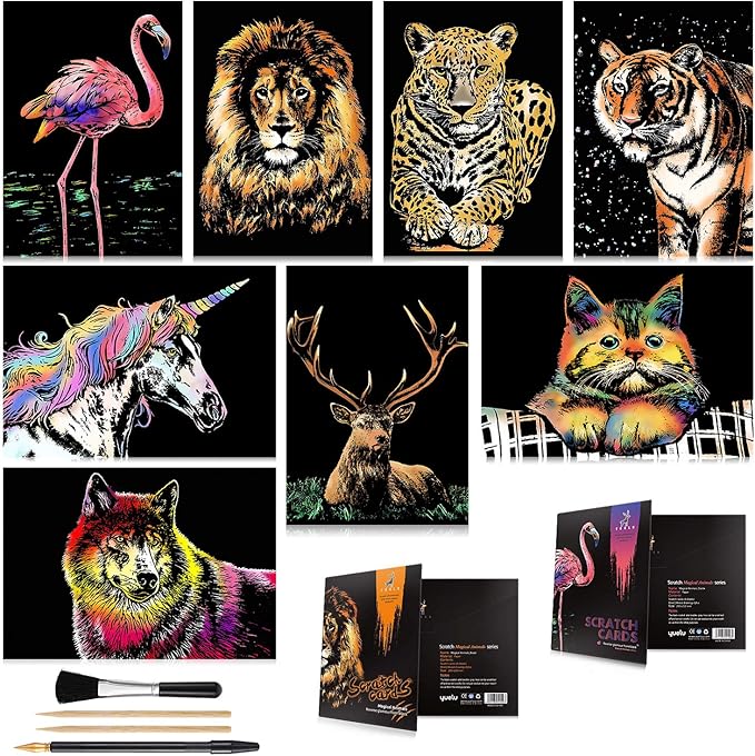 Scratch Art for Kids & Adults, Rainbow Engraving Painting Landscape Scratchboard(A4) Crafts Set: 8 Sheets Scratch Cards with 4 tools - Unicorn/Flamingo/Cat/Deer/Lion/Tiger/Leopard/Wolf(Animal Series)