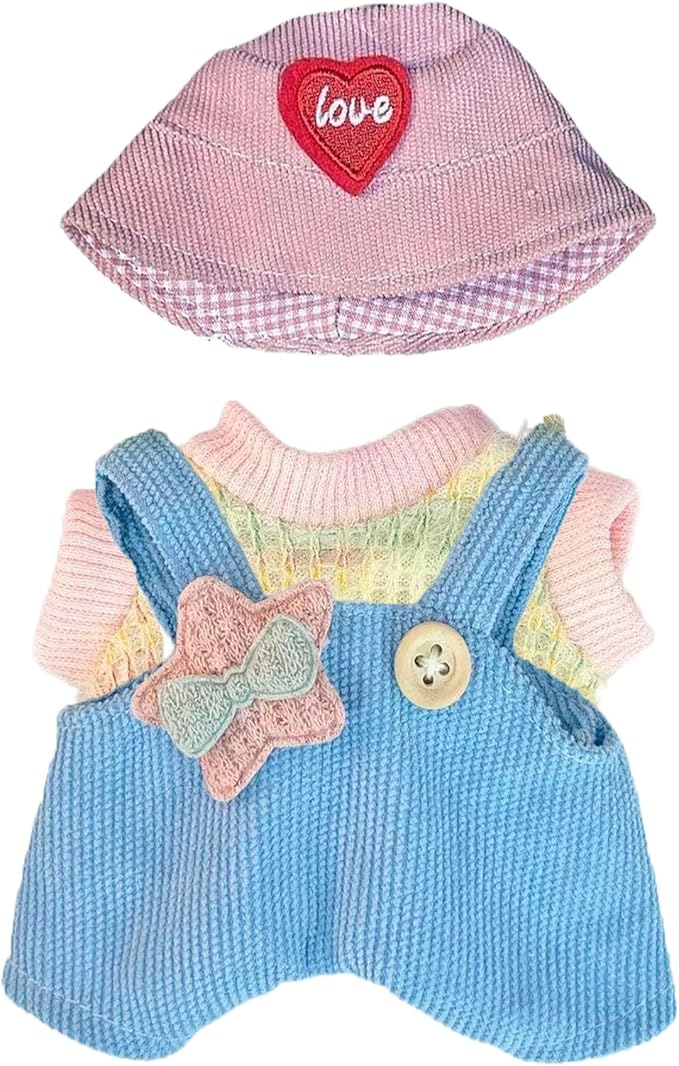 Clothes for Labubu(NO Doll) - 15cm/17cm Doll Accessories Suit, Cute Outfit with Accessories - Colorful T-Shirt, Star Light Blue Romper and Heart Shaped Pink Hat