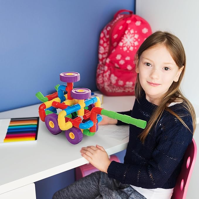 PicassoTiles PTT136 136pcs Tubular Pipes & Spout STEAM Interlocking Educational Building Block Set, Tube Locks, Pipeworks Construction Blocks w/Storage Container Box, Idea Book, Flute Musical Kit