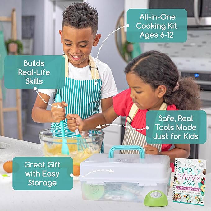 Tovla Jr. Kids Real Cooking Set | Cooking Tools for Kids Ages 5–12 | Montessori-Inspired Beginner Kitchen Kit with Visual Recipe Cookbook & Storage Case | Christmas & Birthday Gift for Boys & Girls
