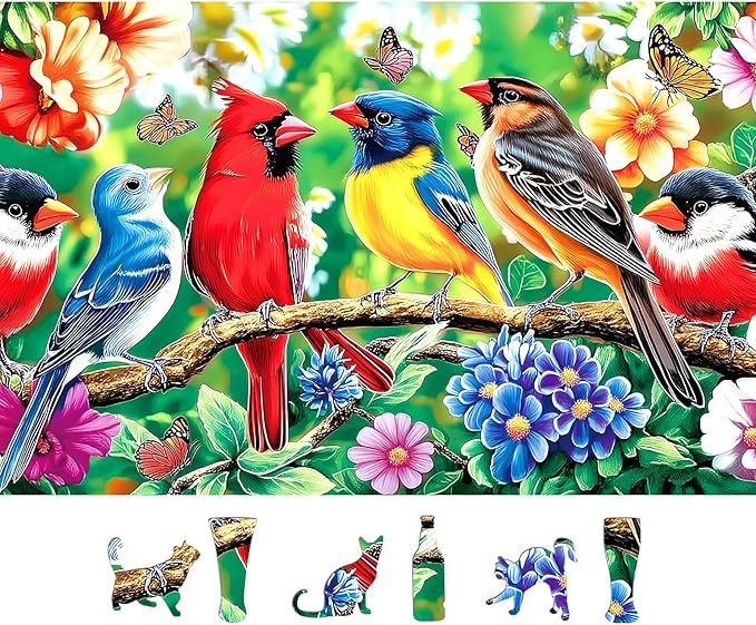 500 Piece Bird Jigsaw Puzzle for Adults - 23x15 Inch Vibrant Cardinal & Blue Bird with Flowers & Butterflies, Unique Art Puzzle for Home Decor & Gift