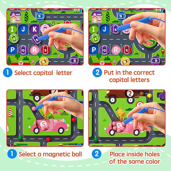 Magnetic Maze 2 in 1 Double Side Color and Number Maze Alphabet Puzzle Board for 3-5 Boys and Girls Kids Montessori Educational Toys (Car, One Size)