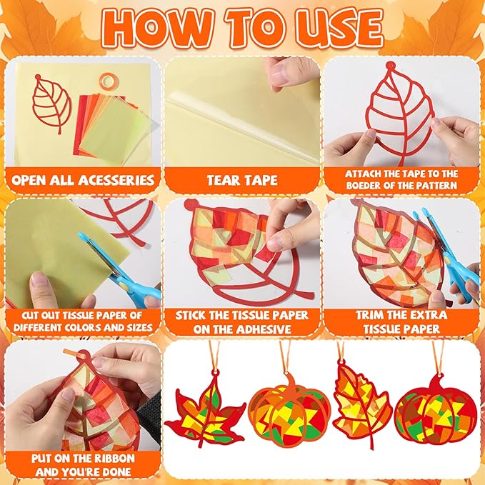Qyeahkj 36 Set Fall Suncatchers Crafts for Kids DIY Autumn Window Tissue Paper Crafts Kit Maple Leaves Pumpkin Hanging Decor for Thanksgiving School Home Activity Art Project Birthday Party Favor Gift
