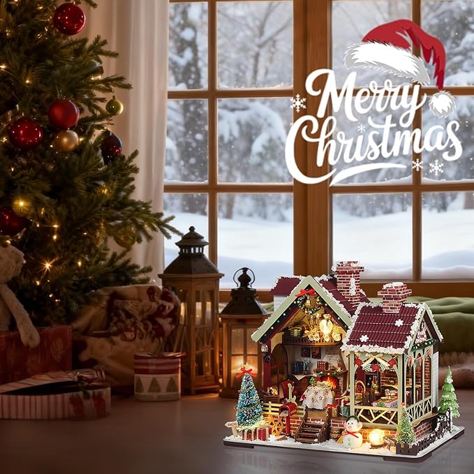 Christmas Miniature Dollhouse Kit, DIY Miniature House Kits for Adults, Mini Model Building Sets with Furniture, Snowman and Christmas Tree, Wooden House Kit Decoration Gift