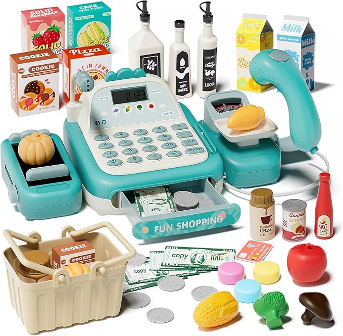 49PCS Pretend Play Cash Register Toy Set for Kids with Real Calculator,Scanner,Microphone,Conveyor Belt,Weighing Tool,Cashier Playset Realistic Gift for Toddler Kid Ages 3 4 5 6 7 8 (Green)