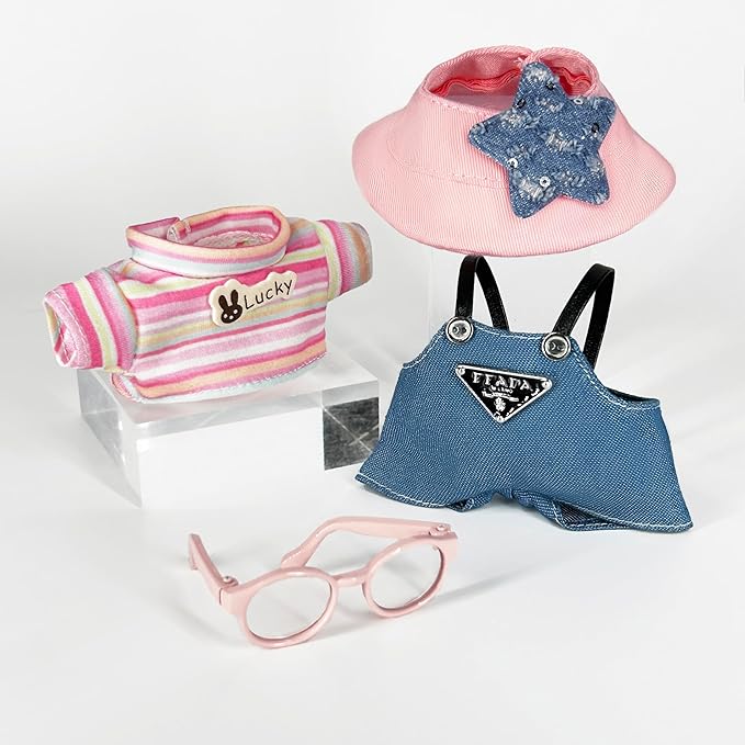 17cm Clothes Set (NO Doll) 4PC Set Hat Glasses Overalls for 17cm Accessories Suit, Doll Clothing for Trendy Blind Box，Cute Clothes for LBB Doll Dress up Unique Style,Free Combination (Pink)