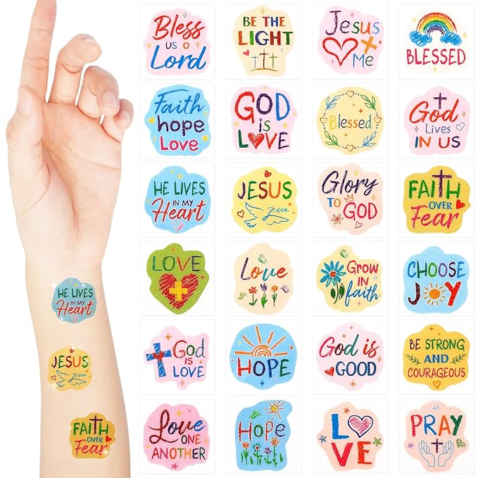 Landhoow 240 Pcs Religious Christian Tattoos Temporary for Kids Glitter Face Tattoos Cool Body Sticker Costume Accessory for Adults Boys Girls Party Favor