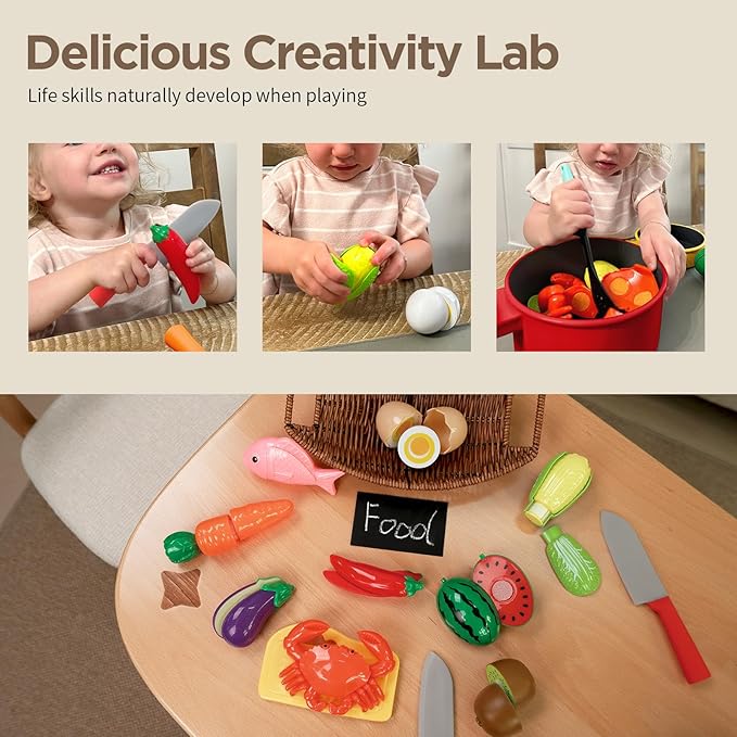 GILOBABY Play Kitchen Accessories, Play Food Sets for Kids Kitchen Playset with Pots and Pans Set, Cooking Utensils, Preschool Learning Education Toys for Toddlers, Birthday Gifts for Girls (Red)