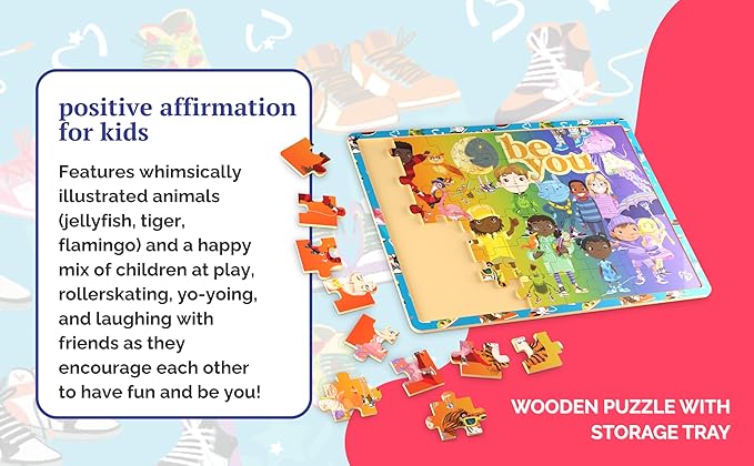 48pc FSC Wooden Tray Puzzle - Upbounders® Be You Rainbow Kicks & Zoo Animals | Colorful Sneakers, Multicultural Kids | Ages 4+ Educational Toy
