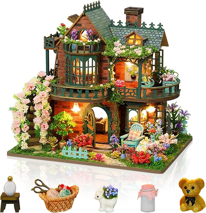 Miniature House Kit, Tiny House Kit with LED, DIY Mini House Building Kits for Adults to Building, Unique Gift for Birthday Christmas, Fairy Garden