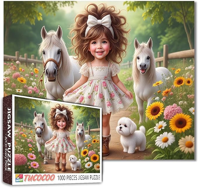 Tucocoo Cute Little Girl 1000 Piece Jigsaw Puzzle for Adults, Country Girl White Ponies Puppy Floral Path – Vintage Farm Scene for Family Games Challenging Puzzles, Rustic Wall Art DIY Crafts Gifts
