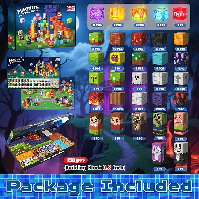 Goody King 150pcs Magnetic Blocks with Light Blocks, Stem Educational Magnet Toys for Kids Ages 3+, Montessori Magnetic Cubes, Creative Construction Building Cubes Set for Boys Girls