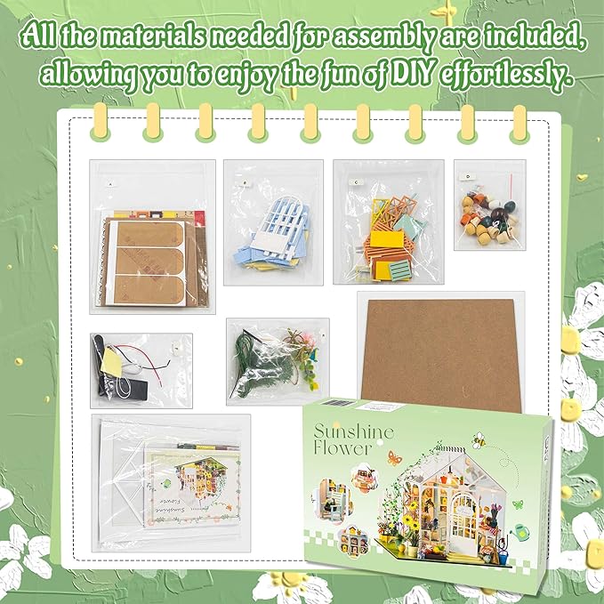Flever DIY Miniature House Kit, Tiny Home Kit with LED Light, Mini House Build Craft Kits for Adults and Teens, Home Decor Creative Gift for Family/Friends(Sunshine Flower)