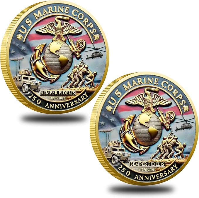USMC 250th Anniversary Challenge Coin (1.57 Inch) – Double-Sided Collectible Military Coin for Veterans, Active Duty & Marine Corps Enthusiasts (2PCS)