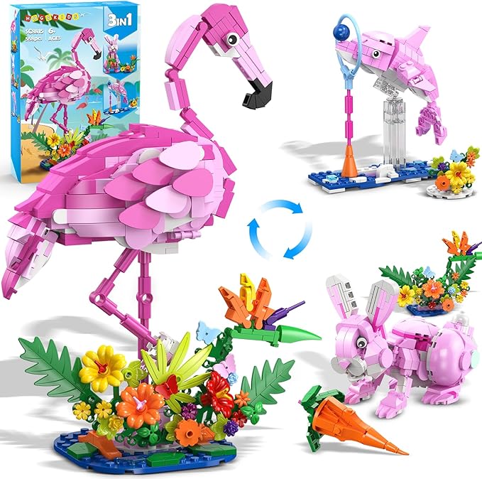 HOGOKIDS 3 in 1 Pink Flamingo Building Set with Flowers, Animal Figure with 3 Building Options - Flamingo, Bunny, or Dolphin, 558PCS Creative Easter Birthday Gift, Learning Toy for Kid Girl Boy Age 6+