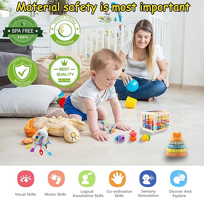 Baby Toys 0-6-12 Months,Montessori Toys for babise 0-6-12-18 Months,Incl Pull String Toy & Shape Sorter & Stacking Building Block & Manhattan ball & Baby Blocks，montessori baby toys for 1 + year