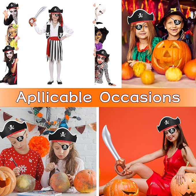 Legigo 48 Pcs Funny Pirate Party Set- Include 16 Pirate Hats, 16 Eye Patches, 16 Inflatable Swords for Pirate Party Cosplay Caribbean Dress Accessories