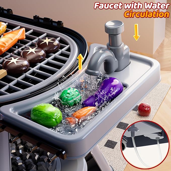 Kids Grill Playset for Toddlers 3-5, 2-Layer Outdoor BBQ Cooking Toy with Smoke, Lights and Sounds, Backyard Pretend Play Kitchen Set, Outside Toys for Boys and Girls