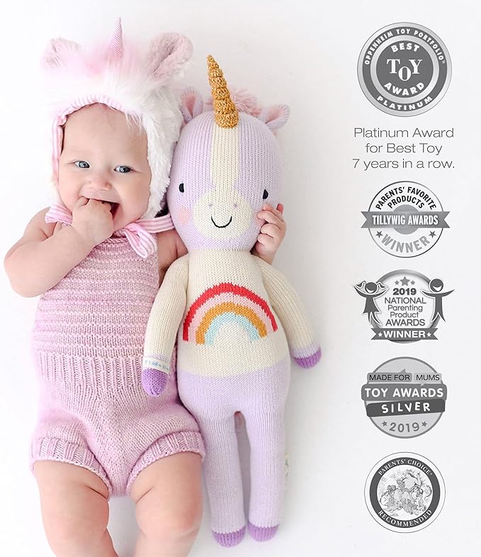 cuddle + kind Zoe The Unicorn Regular 20" Hand-Knit Doll – 1 Doll = 10 Meals, Fair Trade, Heirloom Quality, Handcrafted in Peru, 100% Cotton Yarn