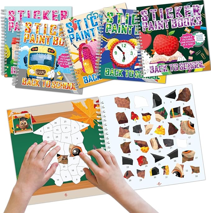 6Pcs Back to School Paint by Sticker Books Back to School Sticker by Number Books Activity Book Puzzle Book Craft Art Gift with School Bus Apple Owl Alarm 48 Pictures Party Favors