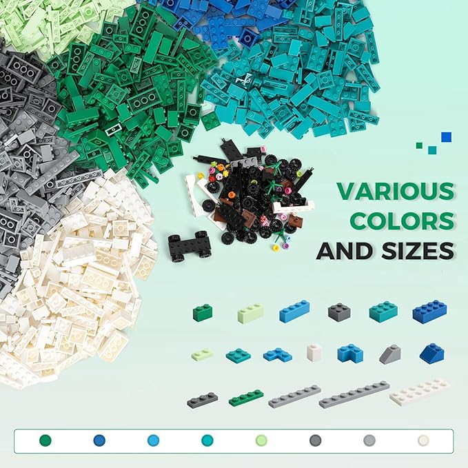 1800Pcs Building Bricks, Classic Bulk Small Blocks, Classic Building Bricks Set Basic Building Blocks(Blue Green White)