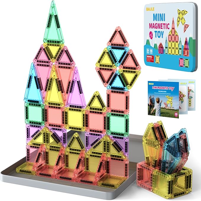 46PCS Mini Magnetic Tiles, Portable Magnetic Toys Travel Set with Iron Case for Kids Ages 4-8,Creativity Boosting Building Toys Set,Toddler Puzzle Birthday Gift Toys for Boys and Girls Ages 3+